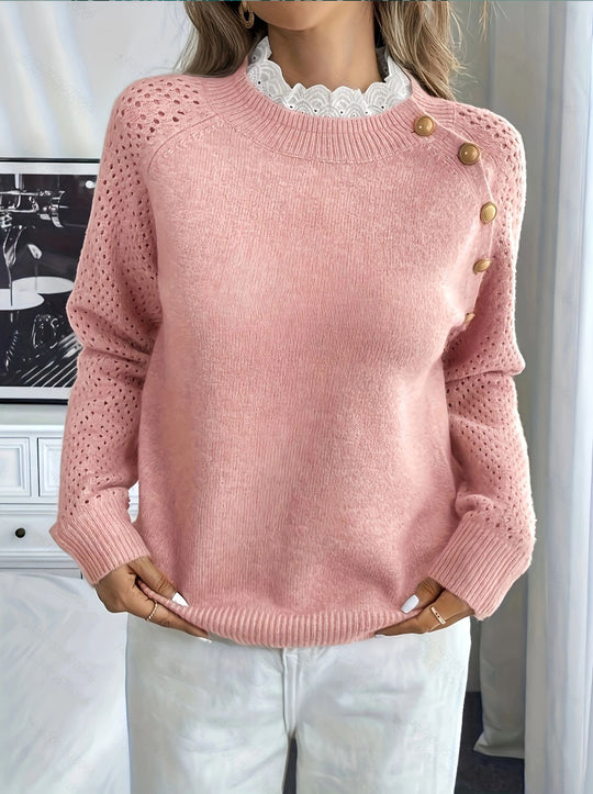Damen Strickpullover mit dekorativen Knopfdetails und Lochmuster R&B