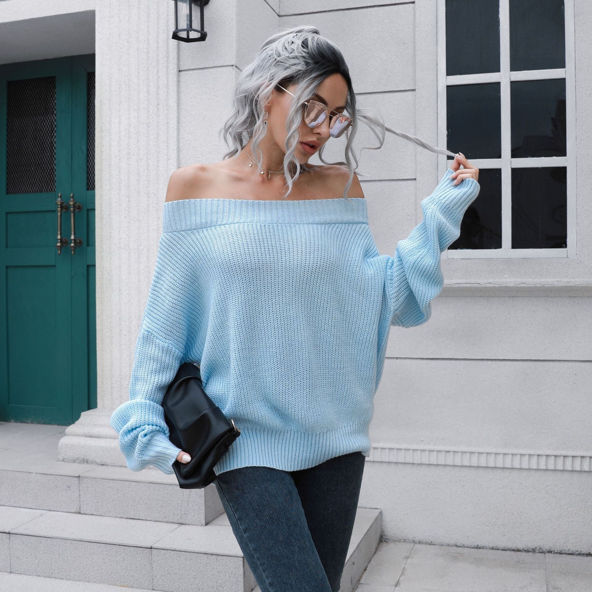 Damen Off-Shoulder Strickpullover mit lässigem Schnitt und voluminösen Ärmeln R&B
