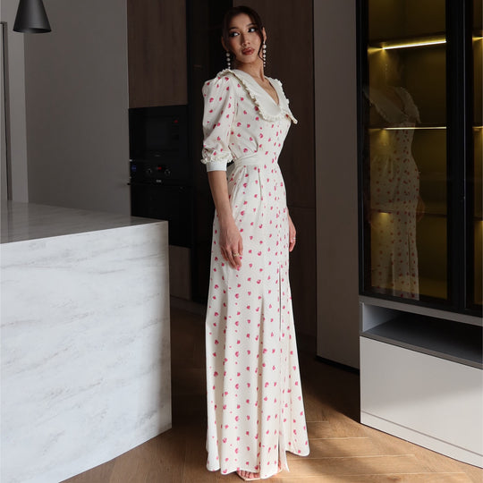 Damen Maxikleid mit eleganter Kragenkante und floralen Akzenten R&B
