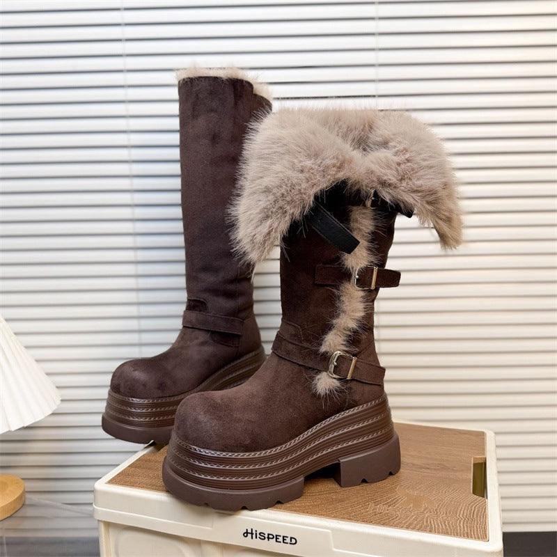 Damen Fleecegefütterte Winterstiefel mit modischen Schnallen und platform Sohle R&B