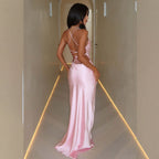 Damen Elegantes Satinabendkleid mit spaghettiträgern und fließendem Schnitt R&B