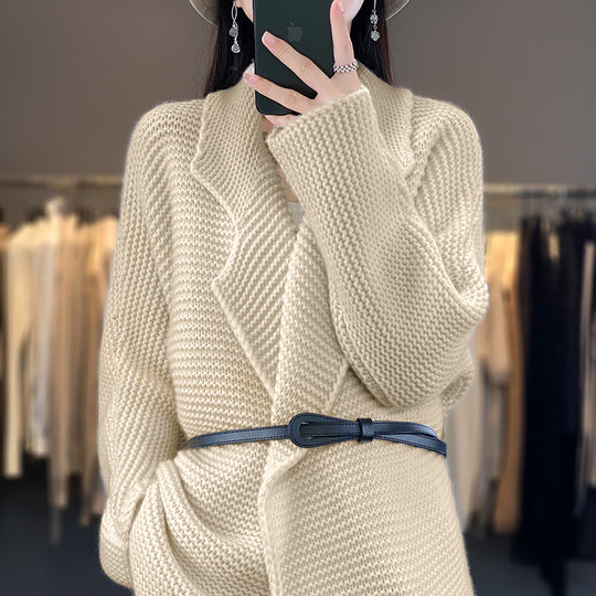Damen Grobstrick Cardigan mit eleganten Revers und Taillengürtel R&B