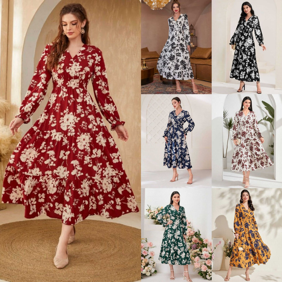 Damen Elegantes Maxikleid mit floralen Details und V-Ausschnitt R&B
