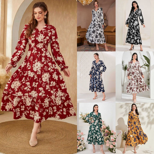 Damen Elegantes Maxikleid mit floralen Details und V-Ausschnitt R&B