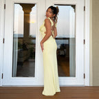 Damen figurbetontes Maxikleid mit Rüschendetails und V-Ausschnitt R&B