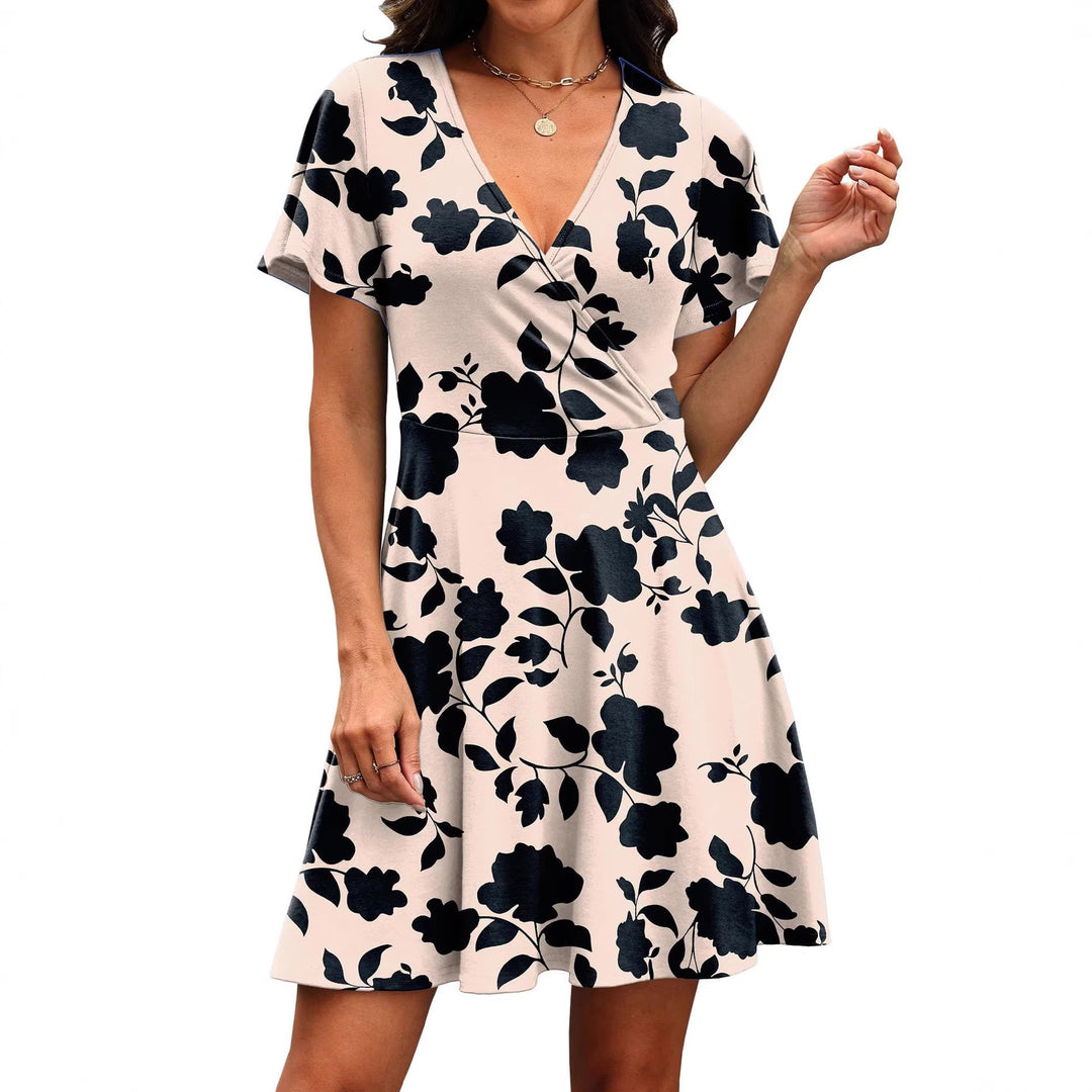 Damen Kurzärmeliges Wickelkleid mit floralen Mustern und V-Ausschnitt R&B