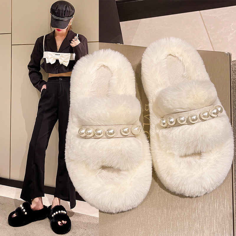 Damen Flauschige Hausschuhe mit eleganten Perlenakzenten R&B