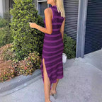 Damen Figurbetontes Maxikleid mit Streifenmuster und hohem Schlitz R&B