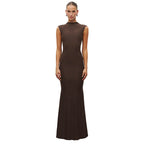 Damen Elegantes Schmalgeschossenes Maxikleid mit hohem Kragen R&B