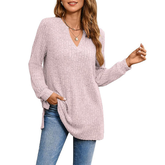 Damen Strickpullover mit V-Ausschnitt und praktischen Taschen R&B