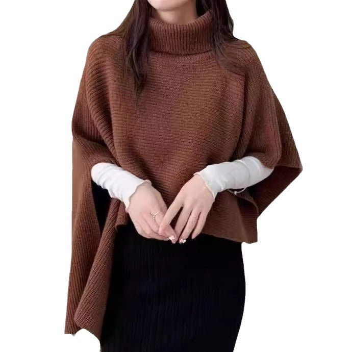 Damen Strickponcho mit hohem Kragen und asymmetrischem Schnitt R&B