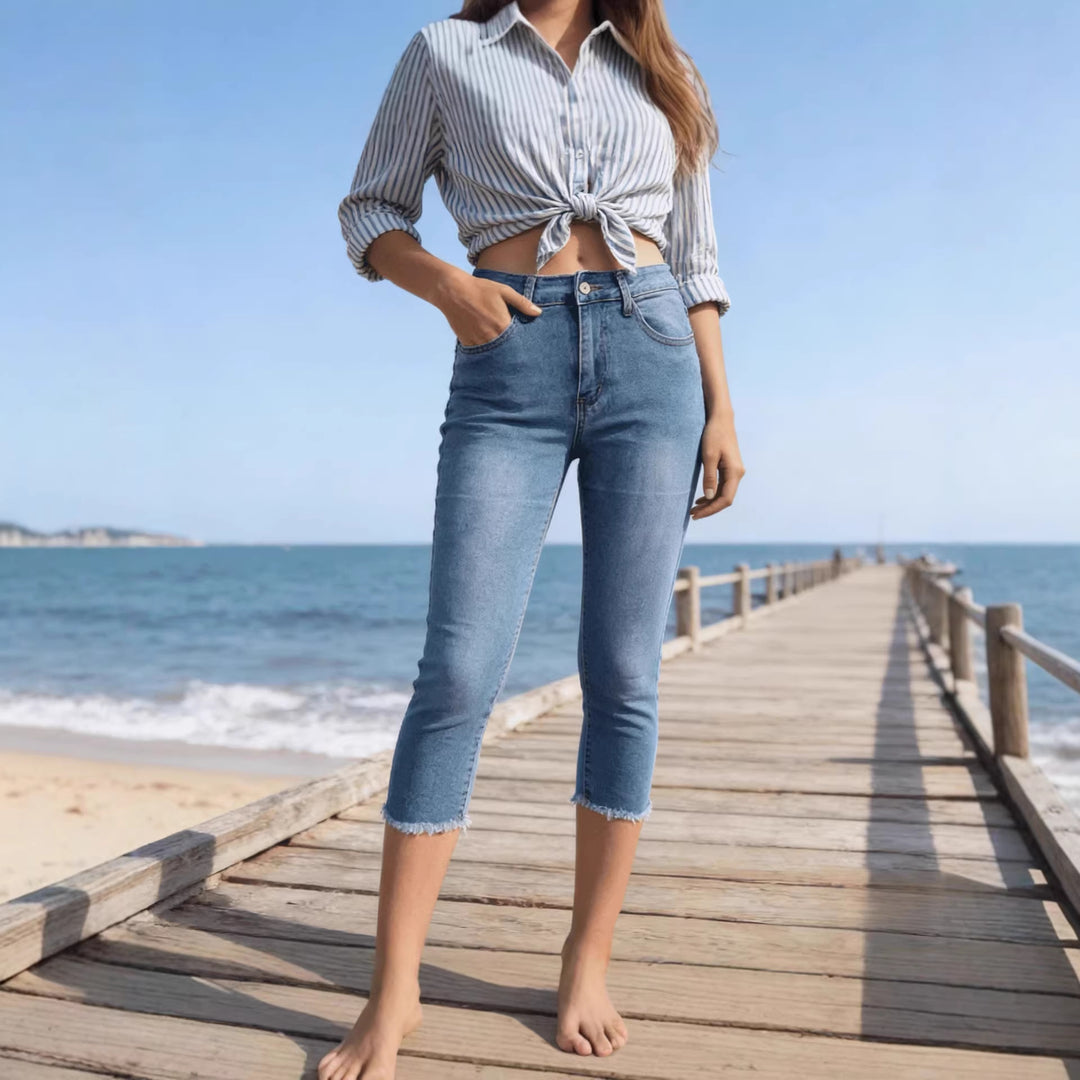 Damen lässige High-Waist Jeans mit fransigem Saum und angesagtem Schnitt R&B