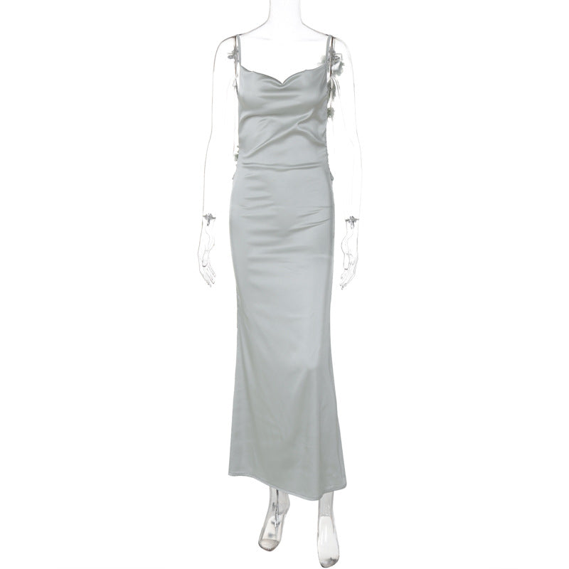 Damen Satin Maxikleid mit zarten Trägern und eleganter Drapierung R&B
