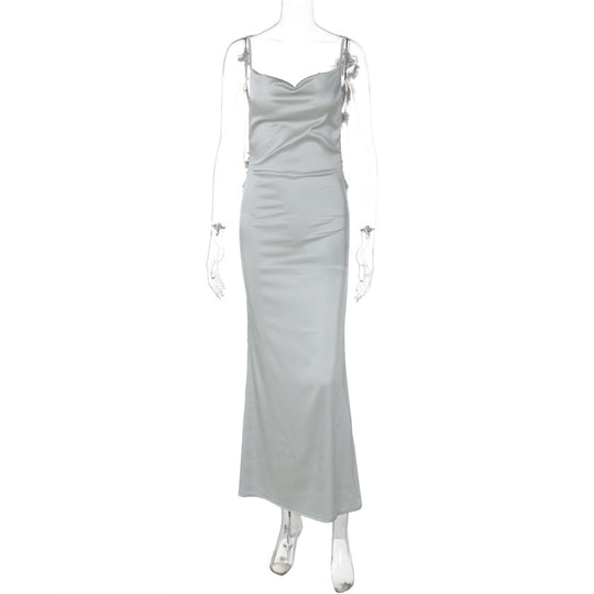Damen Satin Maxikleid mit zarten Trägern und eleganter Drapierung R&B