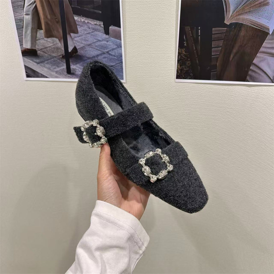 Damen elegante Filz-Mary Jane Schuhe mit schimmernden Schnallen R&B