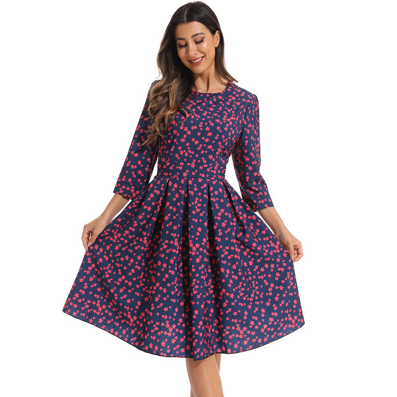 Damen elegantes Midikleid mit floralem Muster und schwingendem Rock R&B