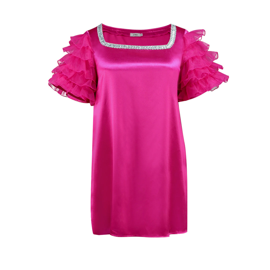 Damen festliches Minikleid mit voluminösen Rüschensäumen und glitzerndem Ausschnitt R&B