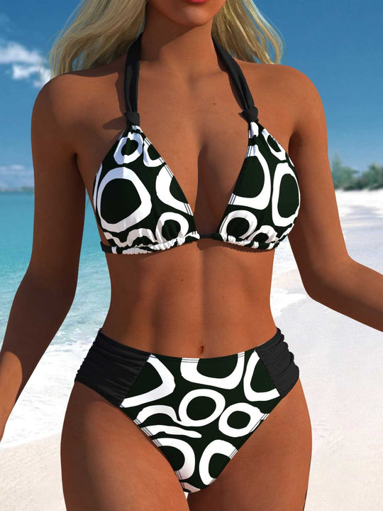 Damen Bikini-Set mit modernem grafischen Muster und hohem Schnitt R&B