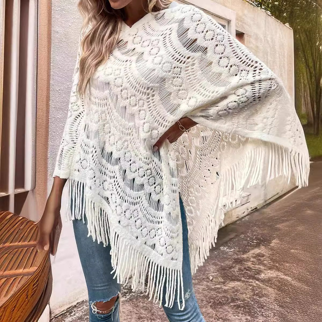 Damen eleganter Poncho mit dekorativem Häkelmuster R&B