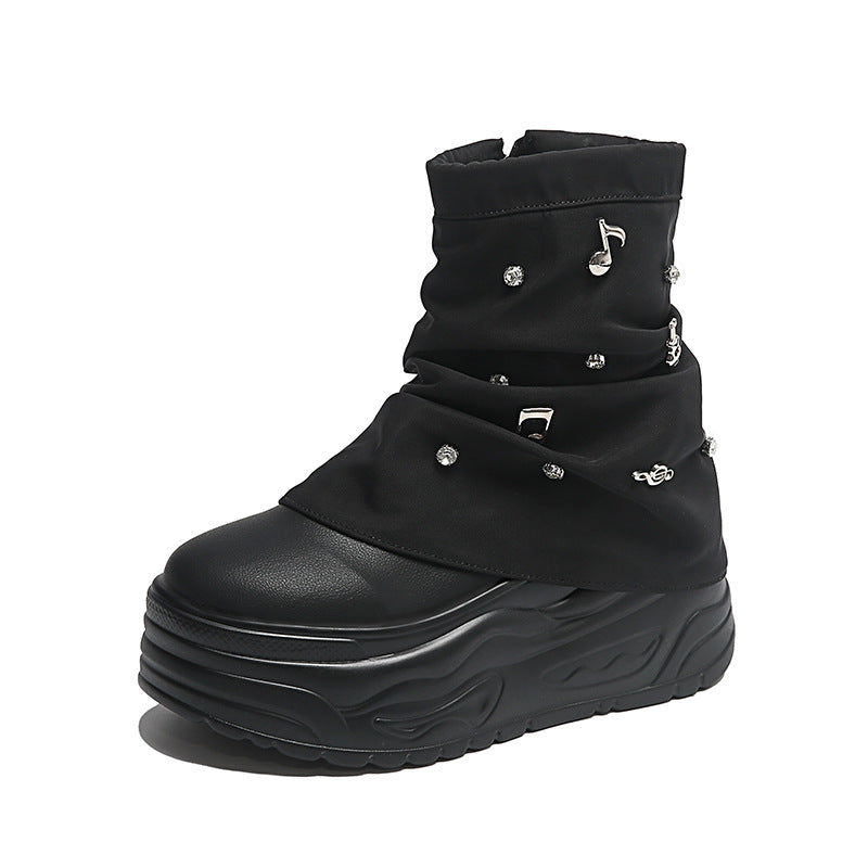 Damen nan Plateau-Stiefelette mit gerafftem Schaft und Musiknoten‑Zierapplikationen R&B
