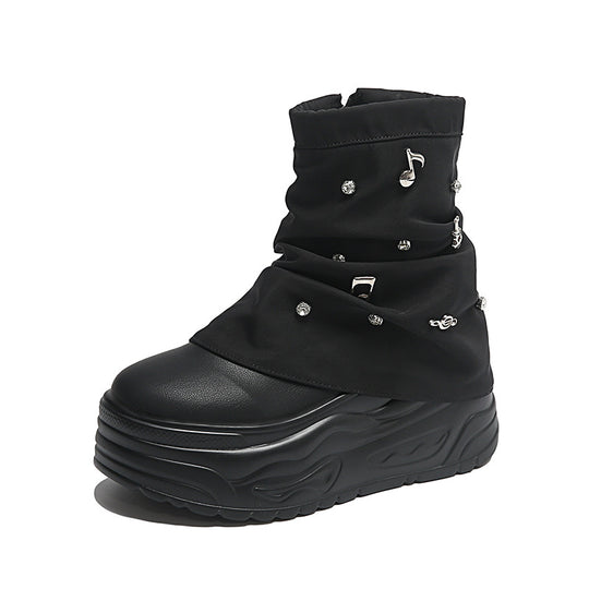 Damen nan Plateau-Stiefelette mit gerafftem Schaft und Musiknoten‑Zierapplikationen R&B