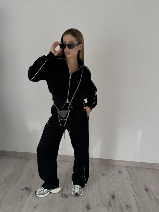 Damen sportliches Fleece-Set mit praktischen Reißverschlusstaschen und elegantem Schnitt R&B