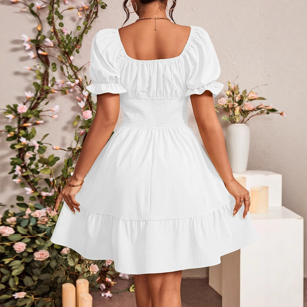 Damen Puffärmel Kleid mit elastischem Tailleneinsatz und Rüschensaum R&B