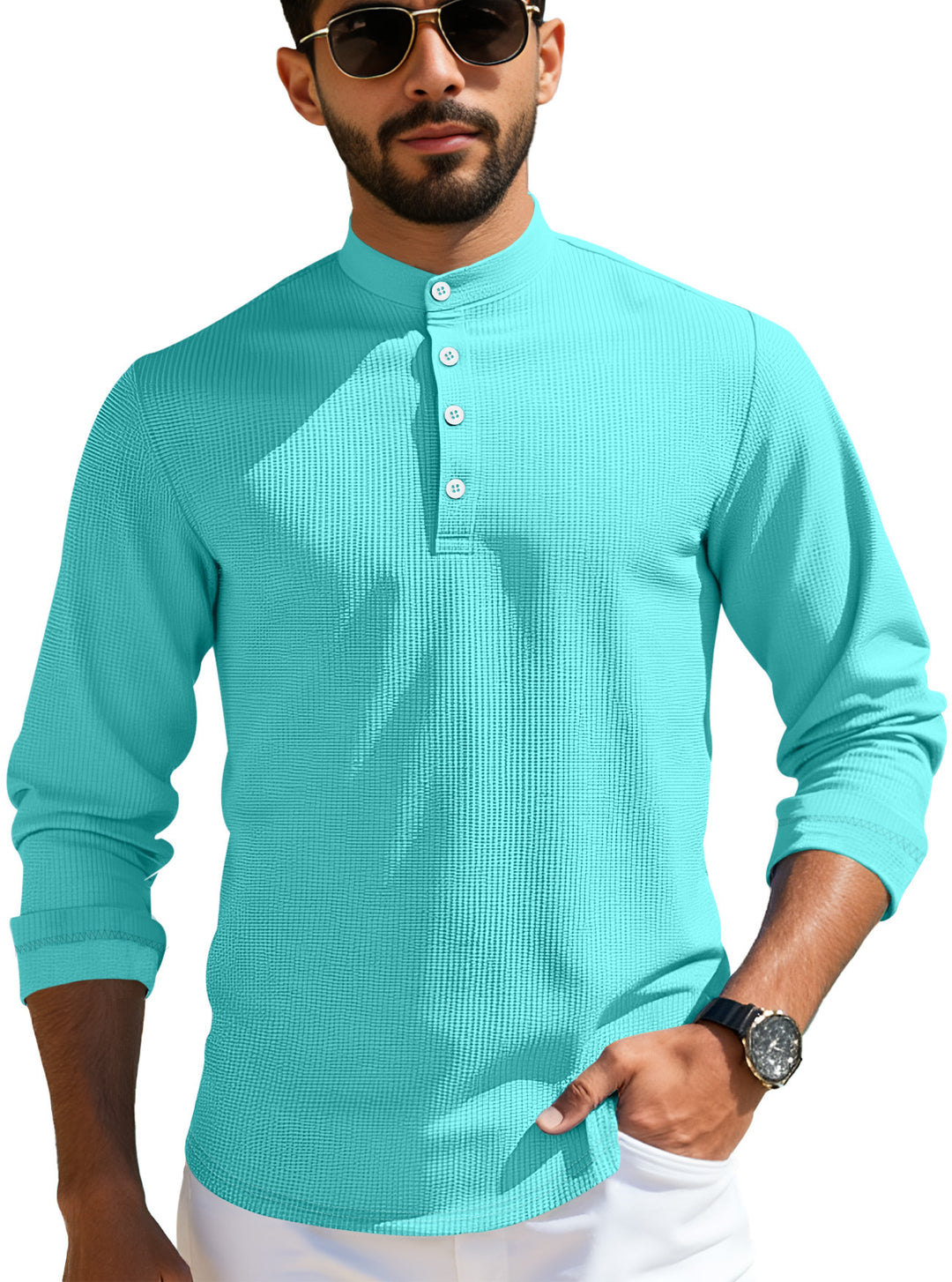 Herren nan strukturiertes Langarm-Henley mit Nehru-Kragen und Ton-in-Ton-Knopfleiste R&B