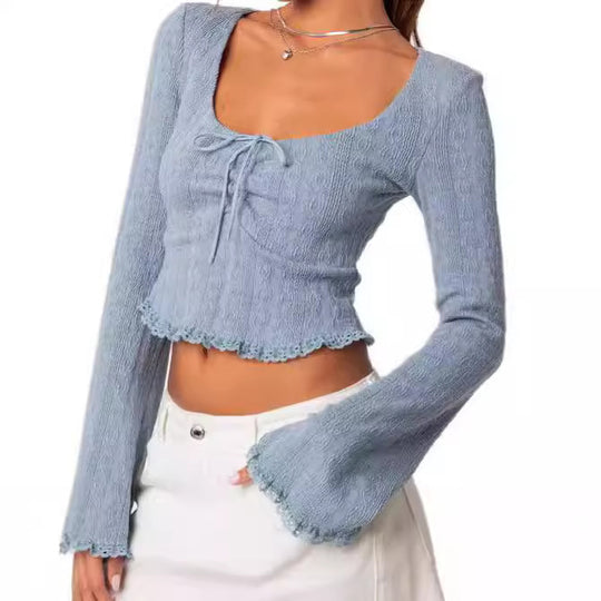 Damen Cropped Top mit Schnüroptik und Spitzenverzierungen R&B
