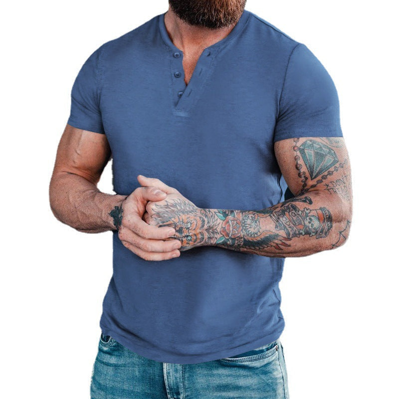 Herren Kurzarm-Henley-T-Shirt aus atmungsaktiver Baumwolle mit dekorativer Knopfleiste R&B