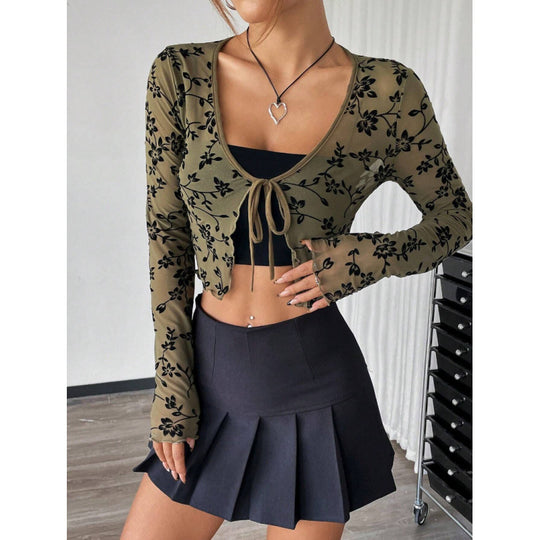Damen Crop-Top mit floralen Applikationen und Bindebändern R&B