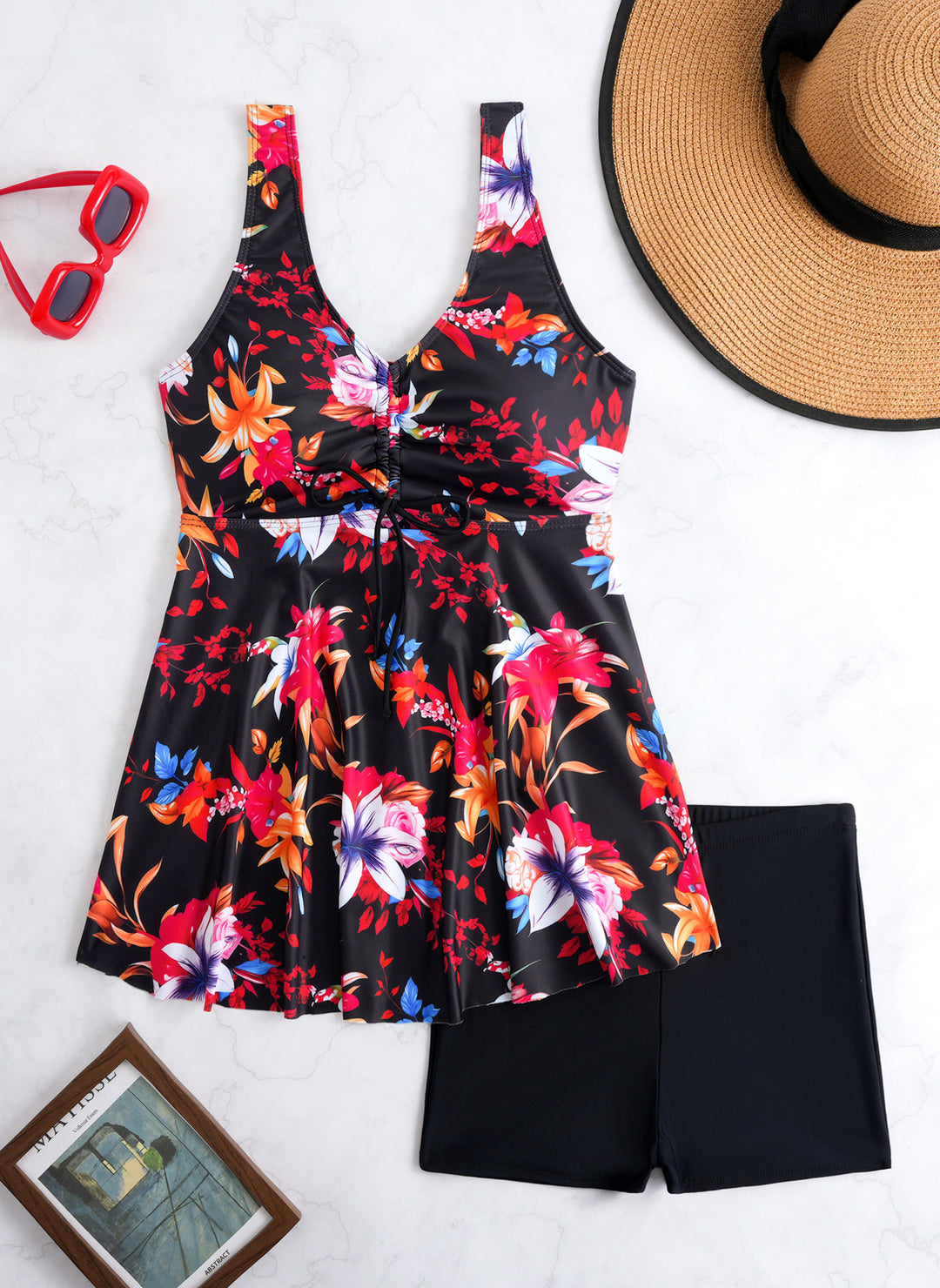 Damen Tankini-Set mit modischem Volant und grafischem Pfauenmuster R&B