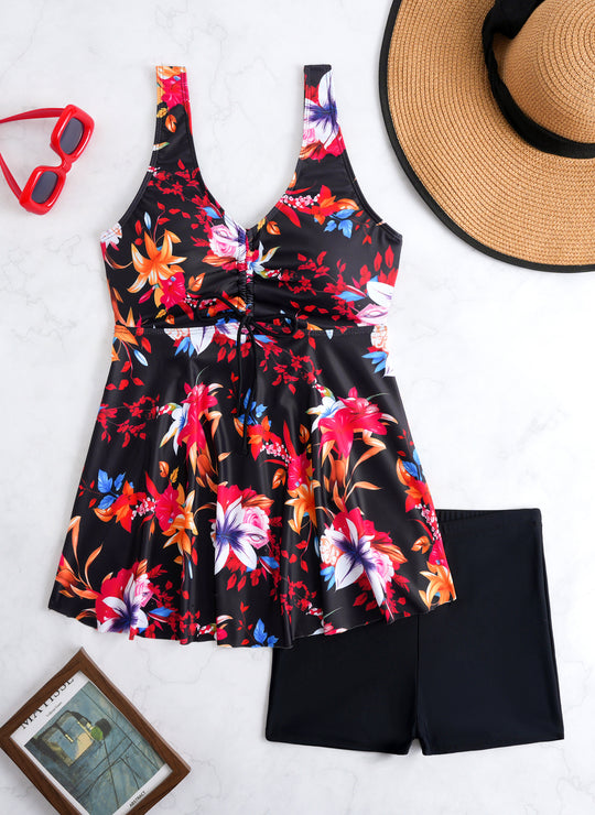 Damen Tankini-Set mit modischem Volant und grafischem Pfauenmuster R&B