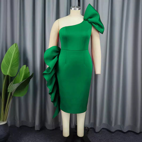 Damen figurbetontes Abendkleid mit asymmetrischem Design und voluminösem Schleifenakzent R&B