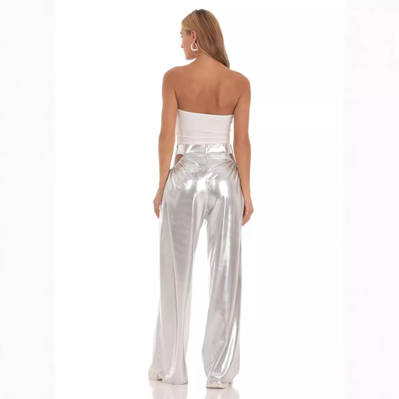 Damen High-Waist Baggy-Hose mit Cut-Out-Details und glänzendem Finish R&B
