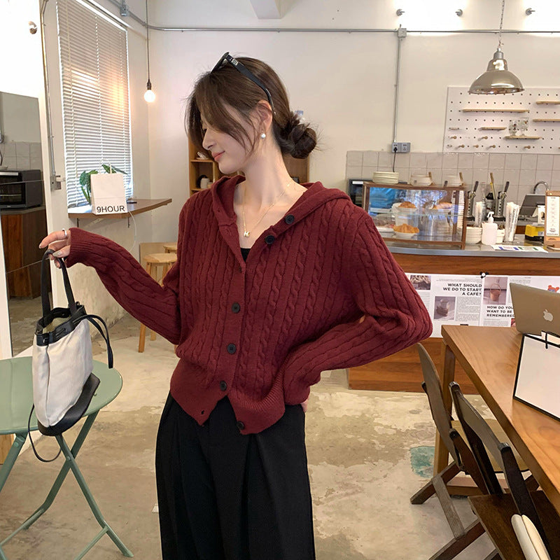 Damen Strickjacke mit Kapuze und Zopfmuster R&B