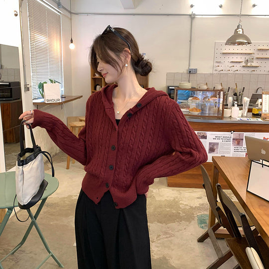 Damen Strickjacke mit Kapuze und Zopfmuster R&B