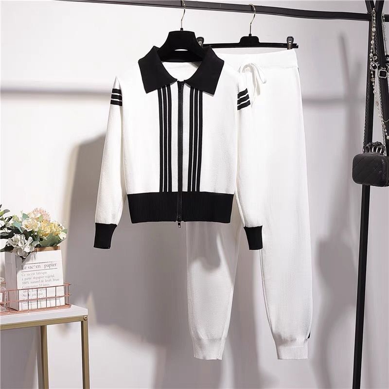 Damen modisches Strick-Loungewear-Set mit Reißverschluss und sportlichen Details R&B
