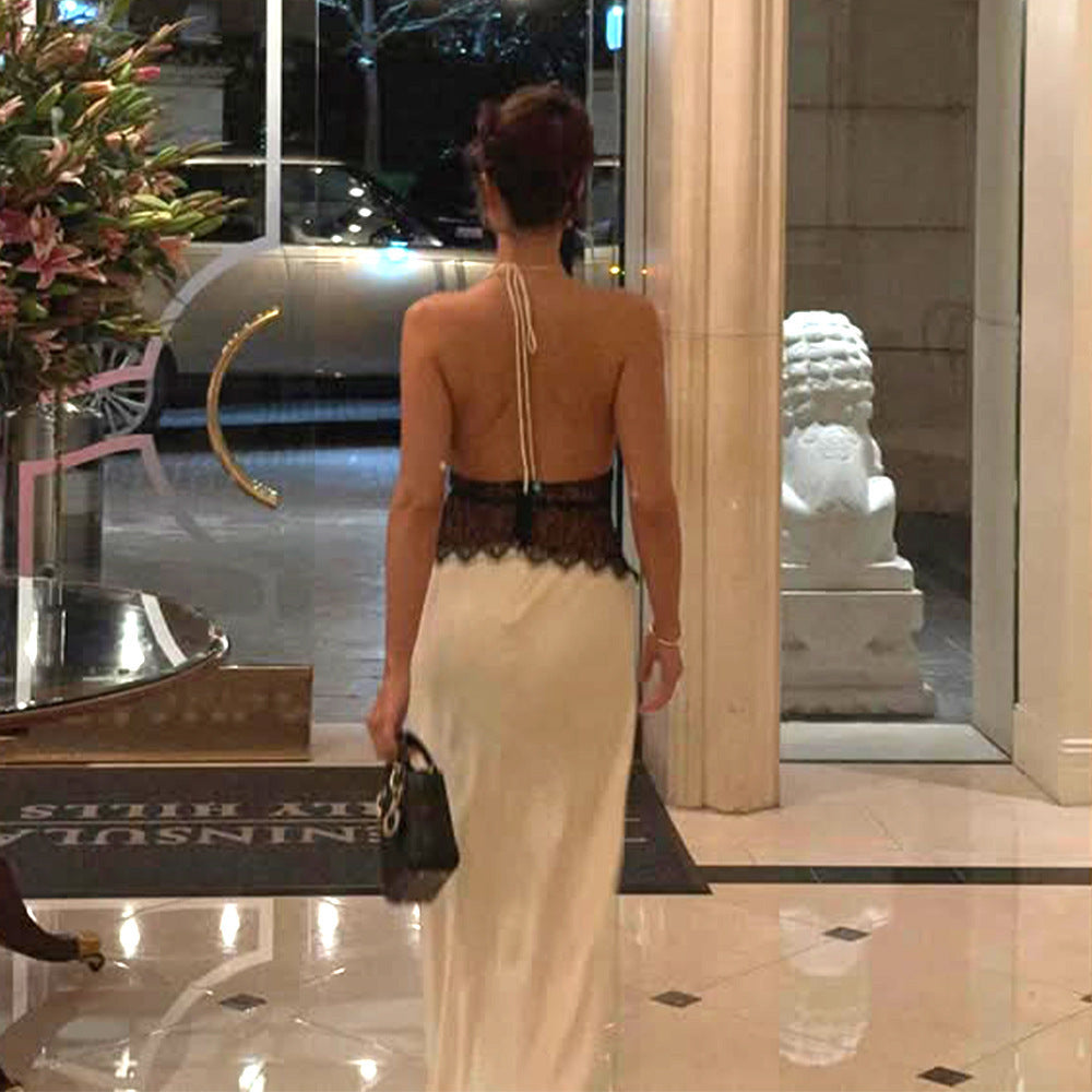 Damen Elegantes Maxikleid mit tiefem V-Ausschnitt und zarter Spitzenverzierung R&B