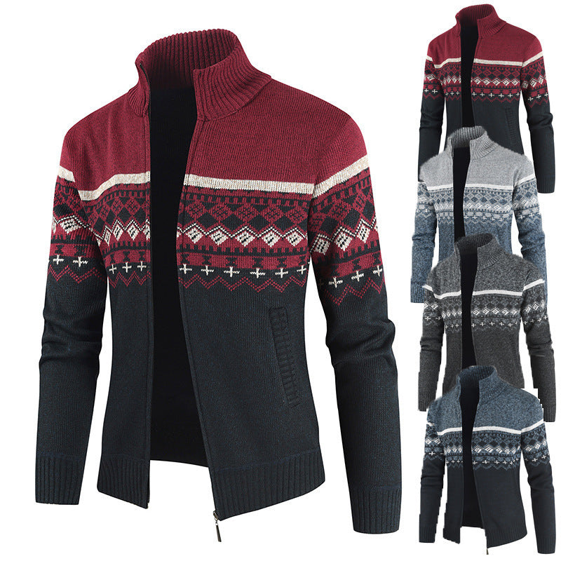 Herren Strickjacke mit Wintermuster und hohem Stehkragen R&B