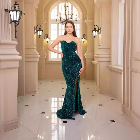 Damen glamouröses Abendkleid mit schulterfreiem Design und schimmernden Pailletten R&B