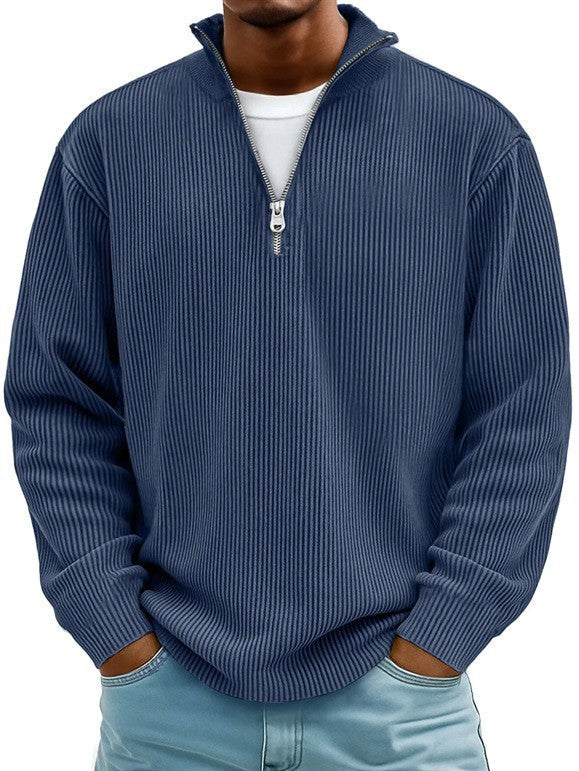 Herren nan gerippter Strickpullover mit halbem Reißverschluss und Stehkragen R&B