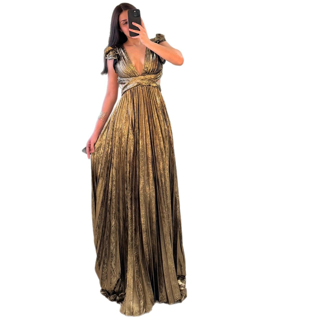 Damen Glamouröses Plissee-Maxikleid mit tiefem V-Ausschnitt und Puffärmeln R&B