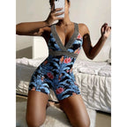 Damen Einteiliger Badeanzug mit tiefem V-Ausschnitt und modischem floralem Design R&B