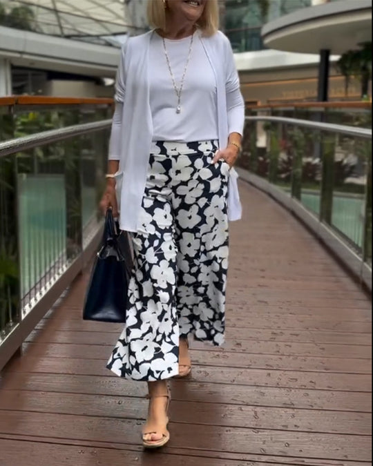 Damen nan weite Palazzohose mit großblumigem Print, hohem Bund und Eingrifftaschen R&B