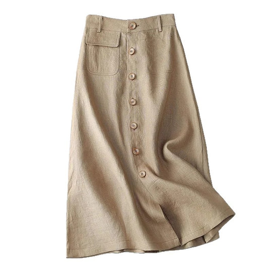 Damen Langer Leinenrock mit Knopfdetails und Taschen R&B
