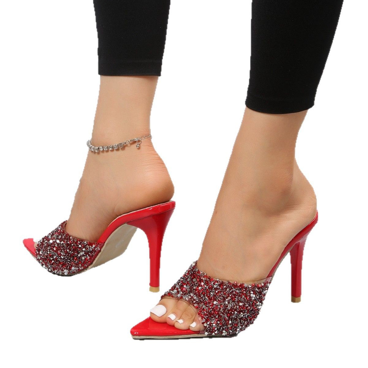 Damen Glamouröse High Heel Mules mit schimmerndem Strassbesatz R&B