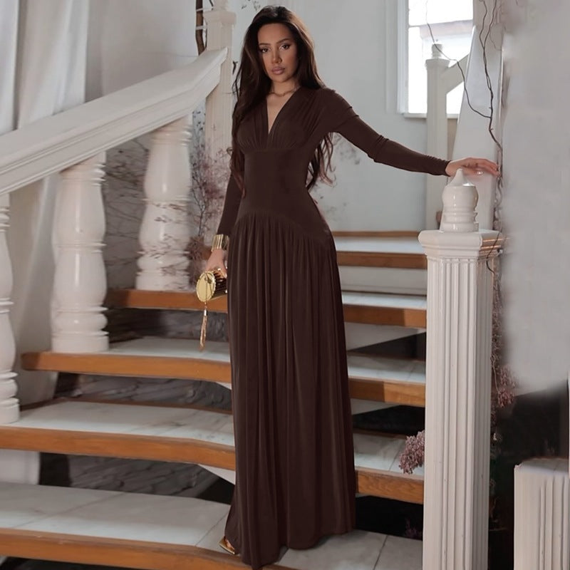 Damen Elegantes Maxikleid mit tiefem V-Ausschnitt und fließendem Schnitt