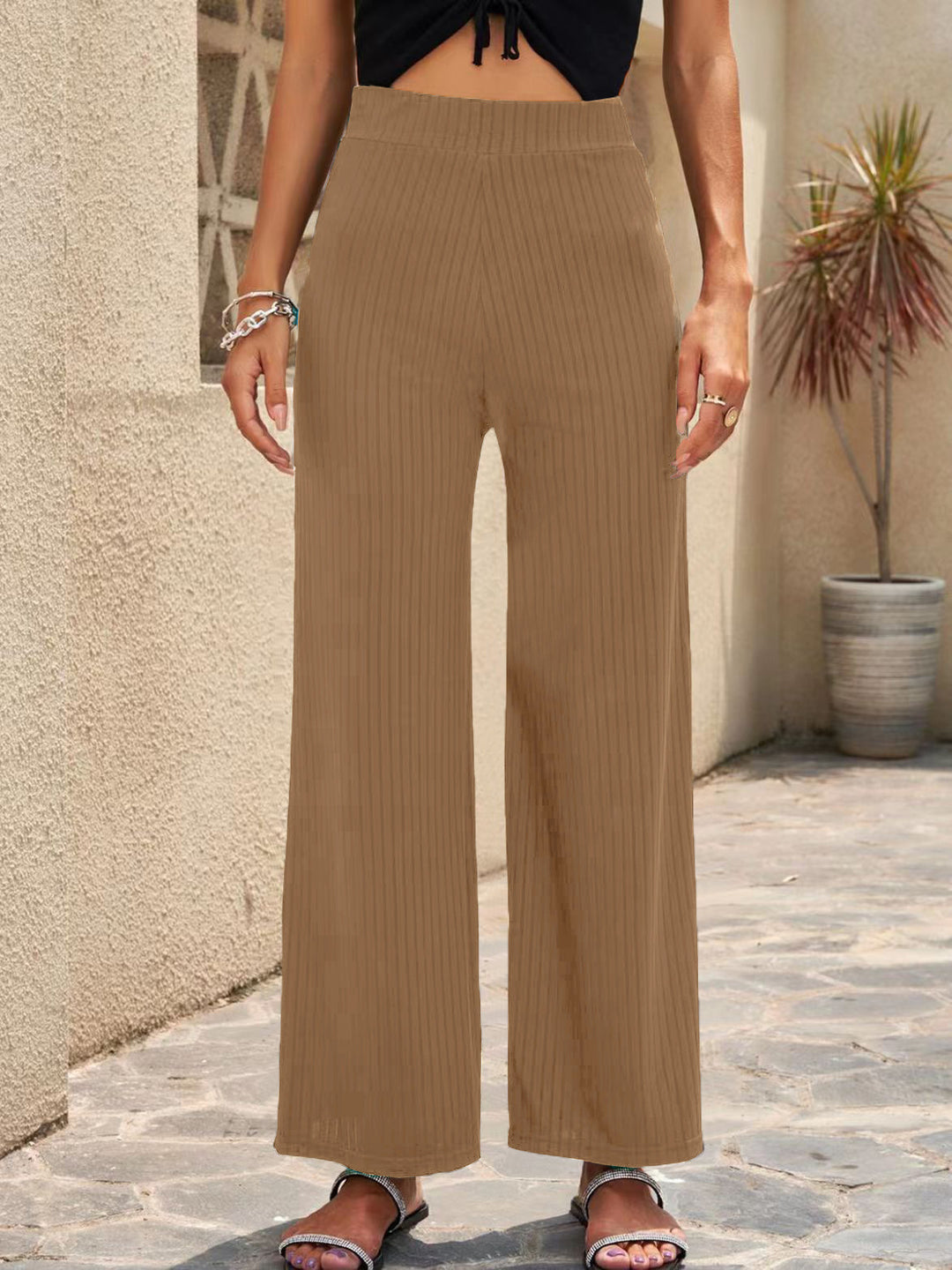 Damen Weite, gestreifte Plisseehose mit hohem Bund und elastischem Taillenbund R&B