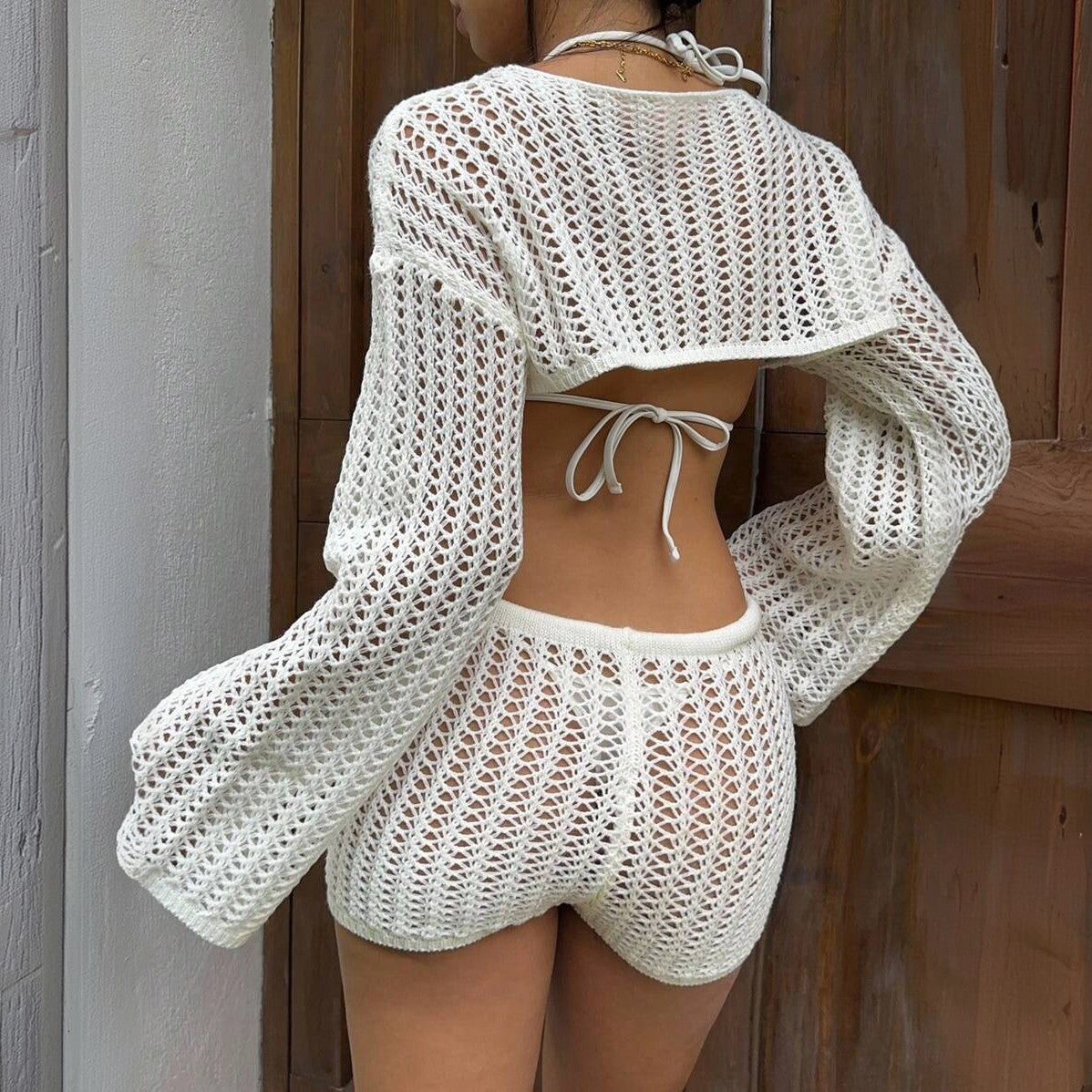 Damen luftiges Häkel-Set mit weiten Ärmeln R&B